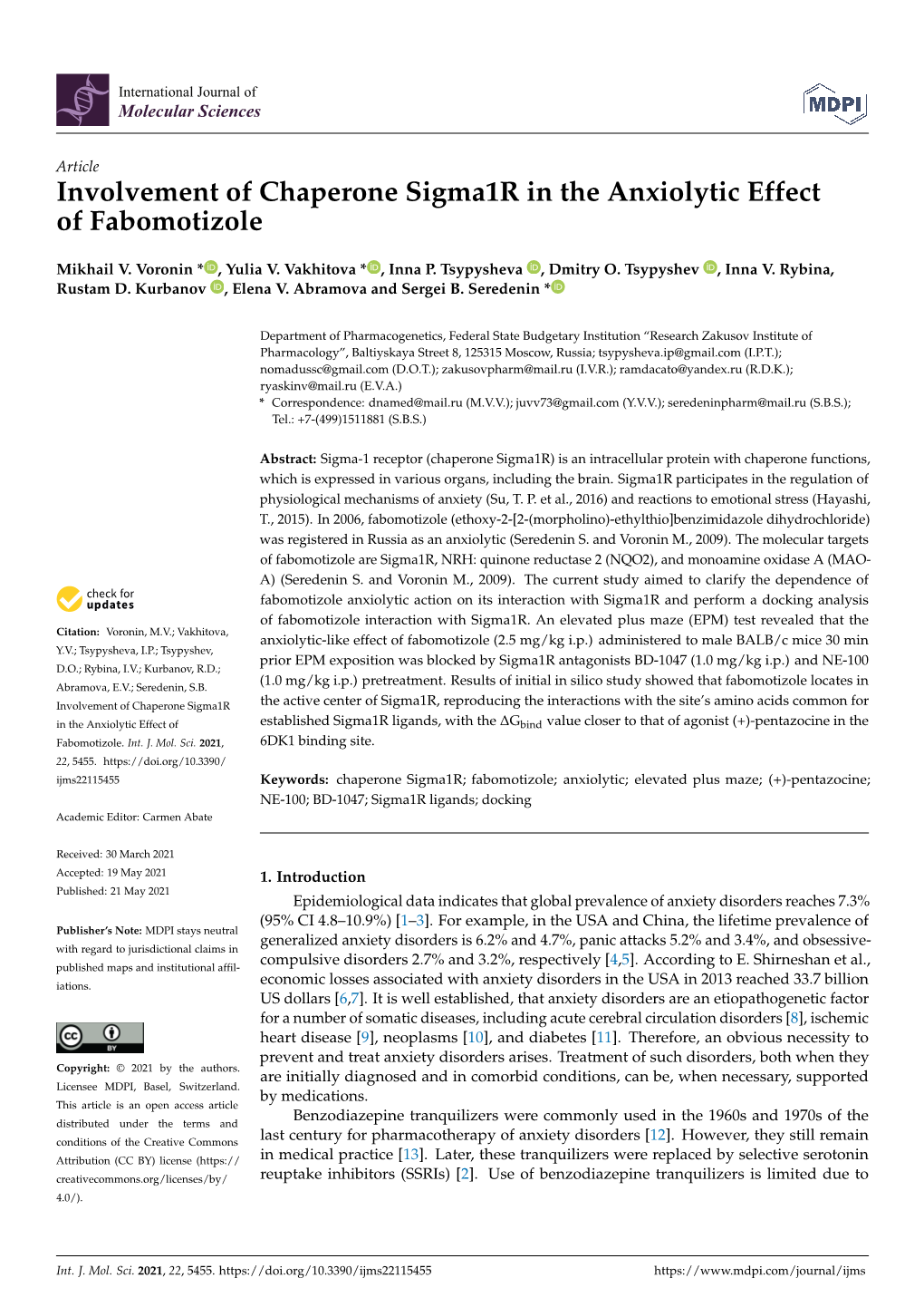 Involvement of Chaperone Sigma1r in the Anxiolytic Effect of Fabomotizole