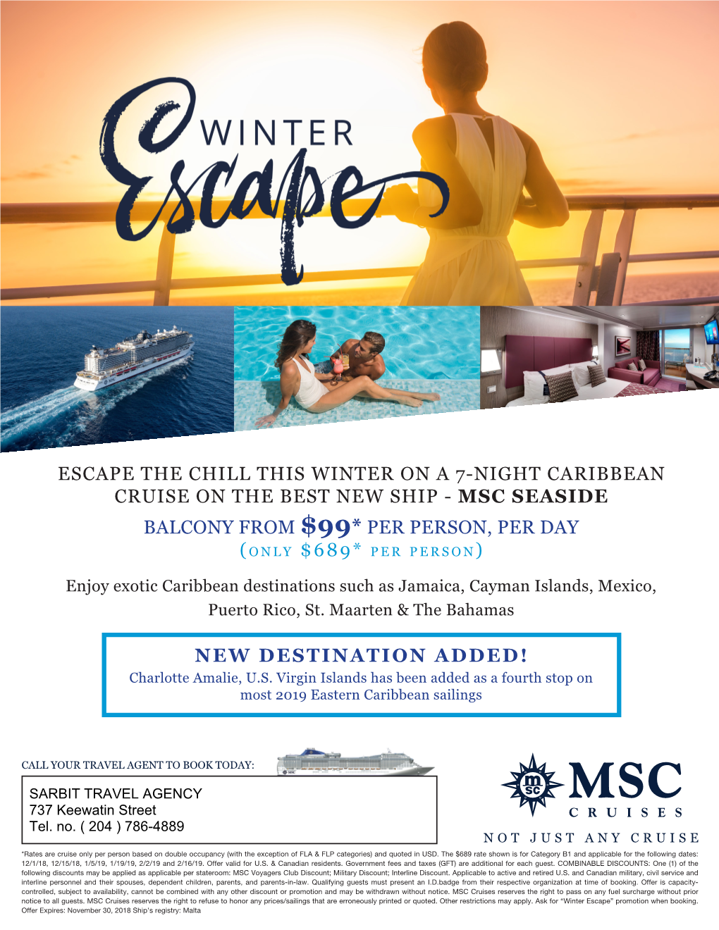 MSC SEASIDE BALCONY from $99* PER PERSON, PER DAY ( O N L Y $689* P E R P E R S O N )