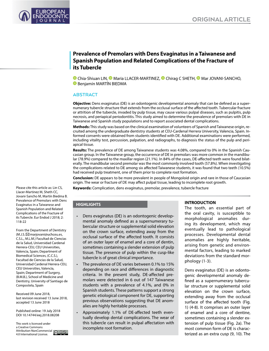 Prevalence of Premolars with Dens Evaginatus in a Taiwanese and Spanish Population and Related Complications of the Fracture of Its Tubercle