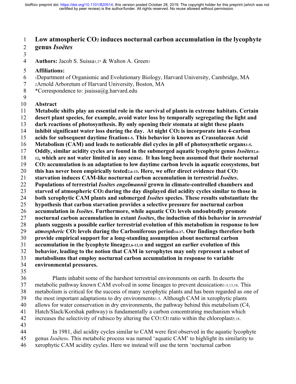 Low Atmospheric CO2 Induces Nocturnal Carbon Accumulation in the Lycophyte 2 Genus Isoëtes 3 4 Authors: Jacob S