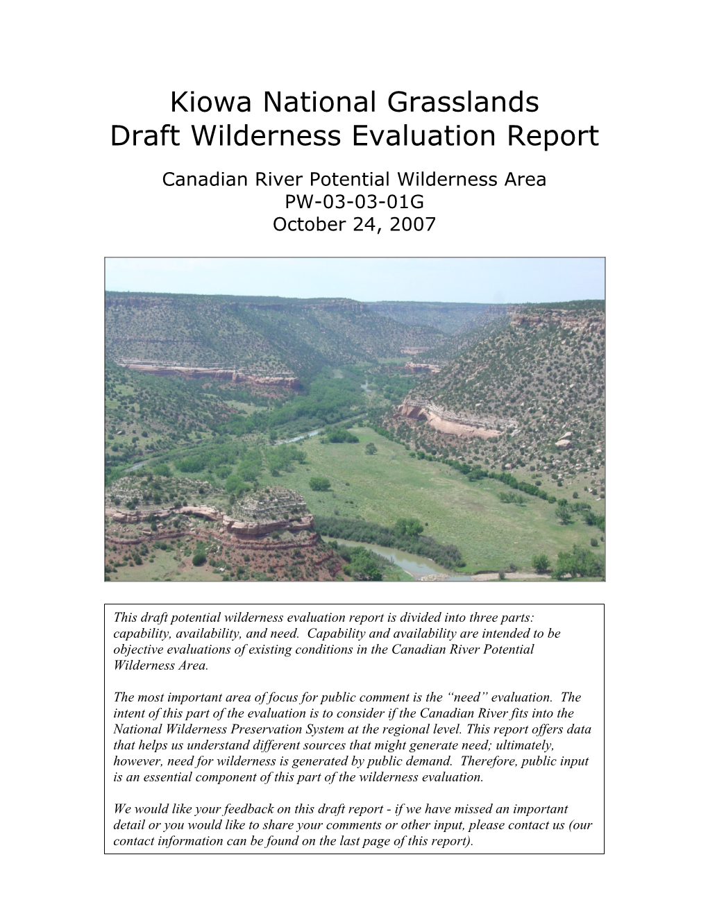 Kiowa National Grasslands Draft Wilderness Evaluation Report