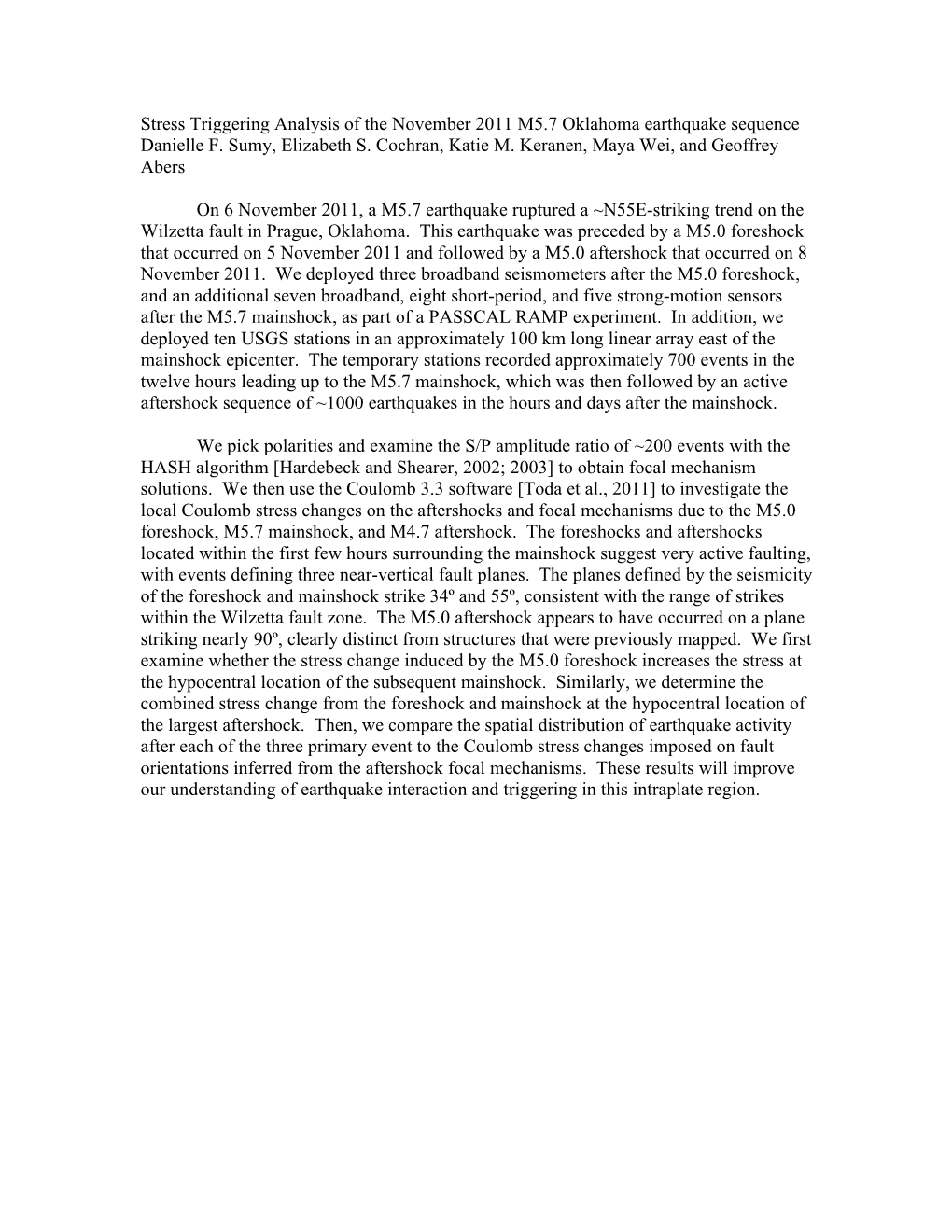 Stress Triggering Analysis of the November 2011 M5.7 Oklahoma Earthquake Sequence Danielle F