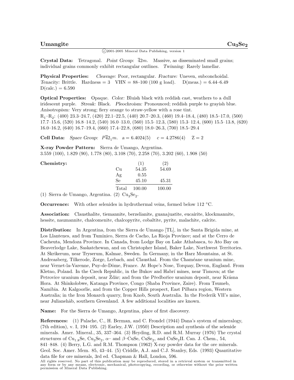 Umangite Cu3se2 C 2001-2005 Mineral Data Publishing, Version 1