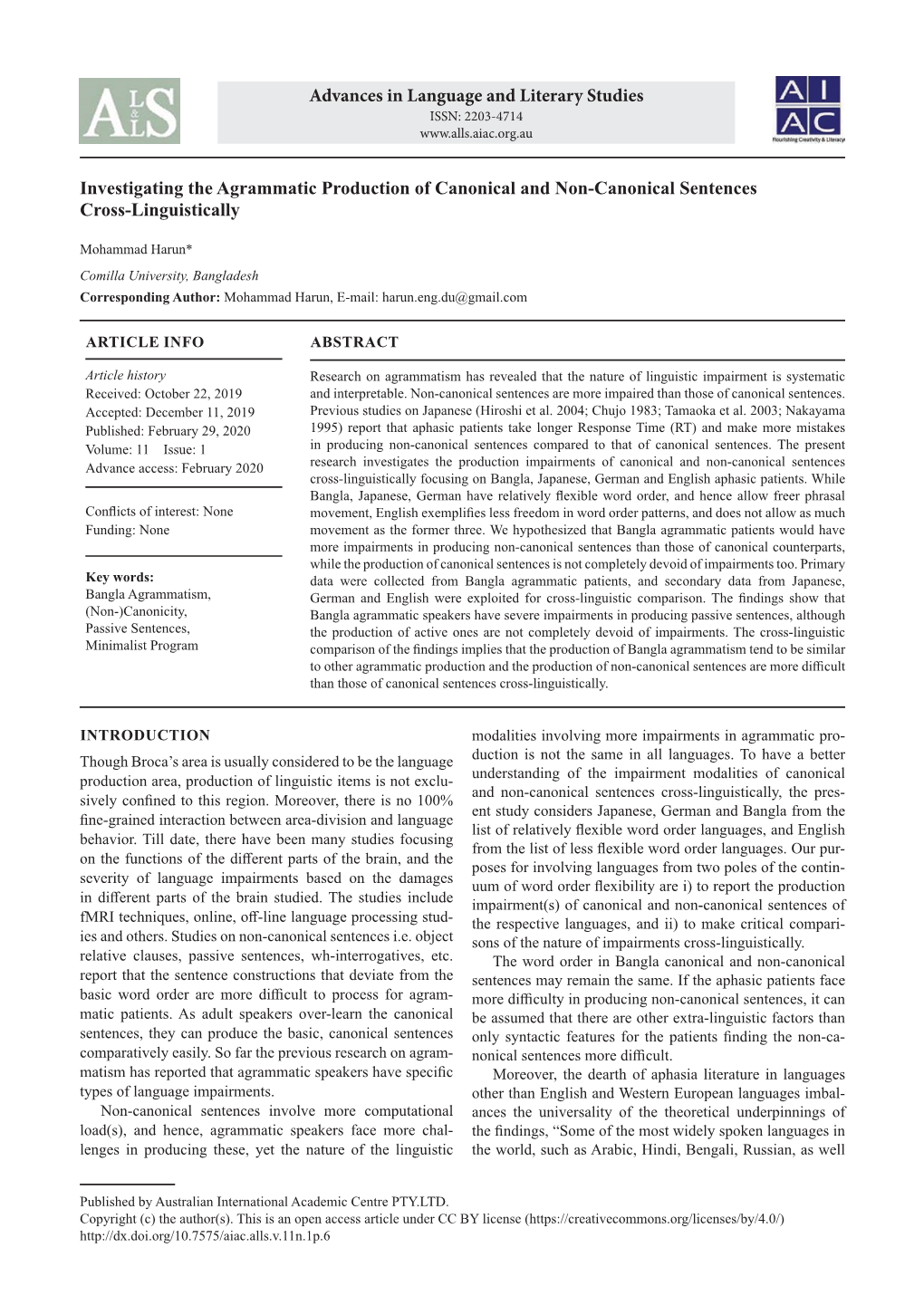 Investigating the Agrammatic Production of Canonical and Non-Canonical Sentences Cross-Linguistically