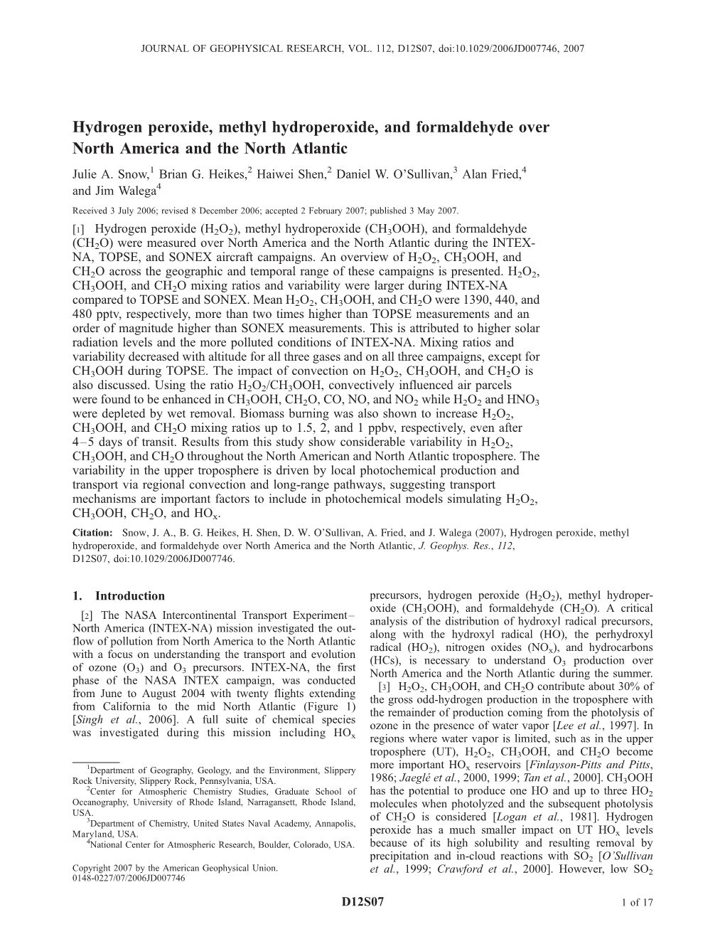 Hydrogen Peroxide, Methyl Hydroperoxide, and Formaldehyde Over North America and the North Atlantic Julie A