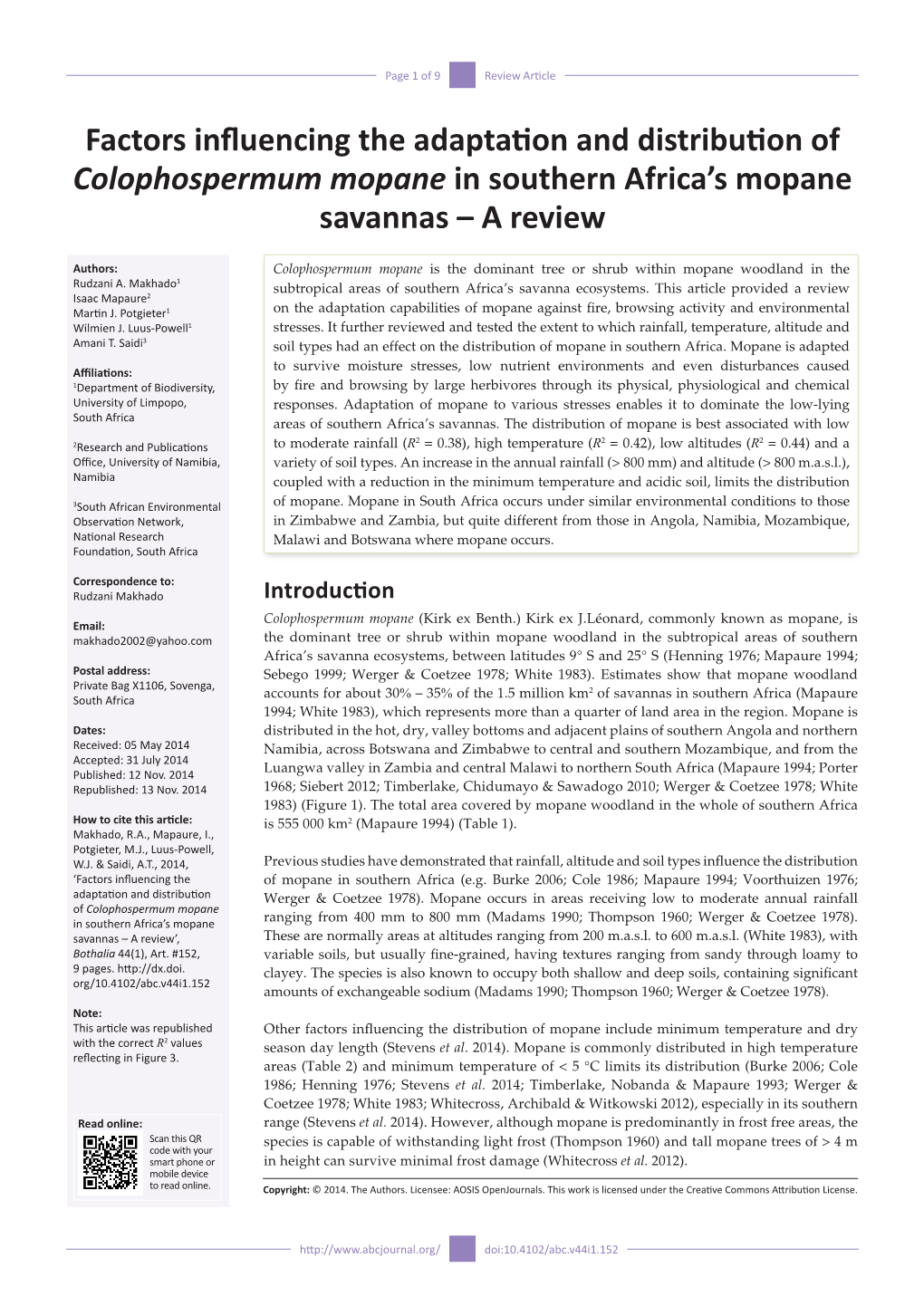 Factors Influencing the Adaptation and Distribution of Colophospermum Mopane in Southern Africa’S Mopane Savannas – a Review