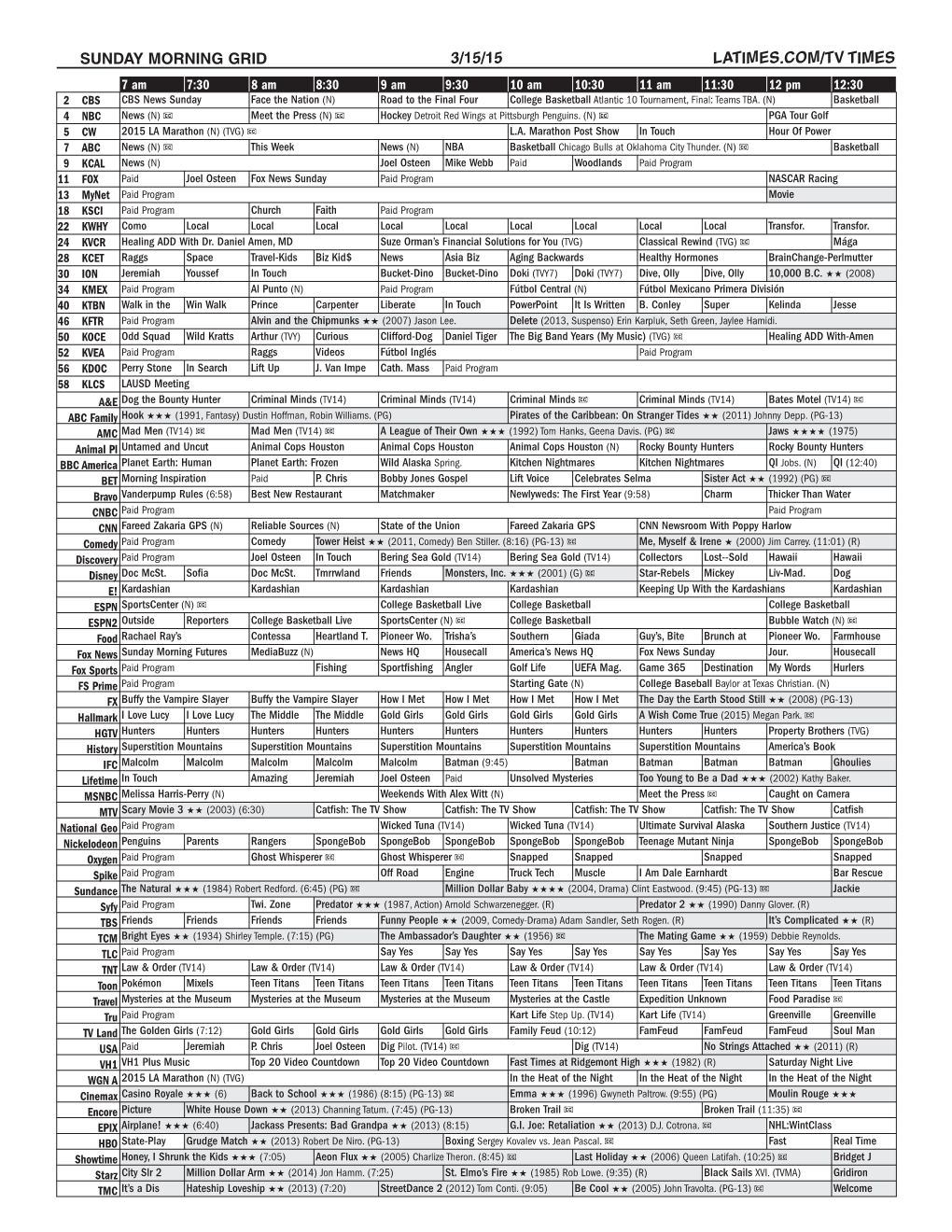 Sunday Morning Grid 3/15/15 Latimes.Com/Tv Times