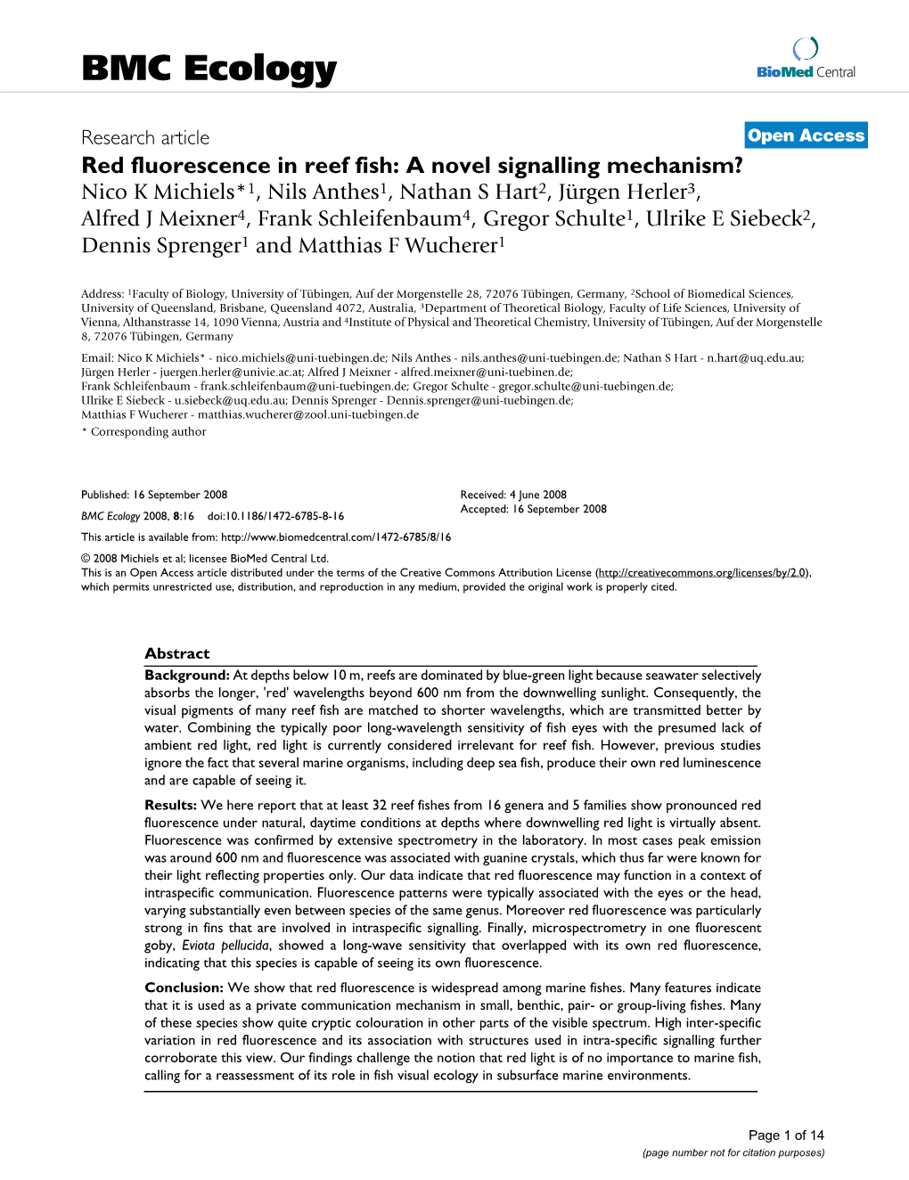 Red Fluorescence in Reef Fish