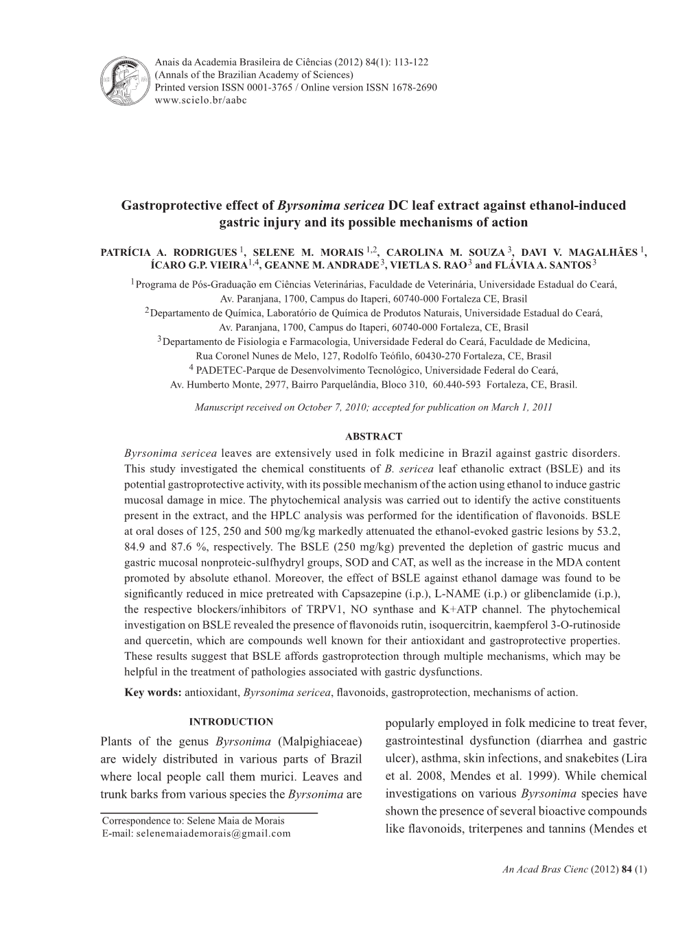 Gastroprotective Effect of Byrsonima Sericea DC Leaf Extract Against Ethanol-Induced Gastric Injury and Its Possible Mechanisms of Action