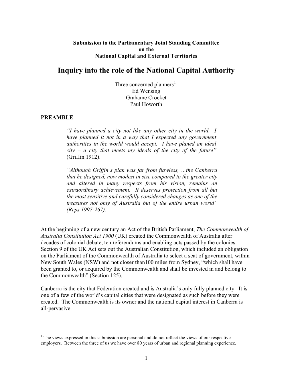 Inquiry Into the Role of the National Capital Authority