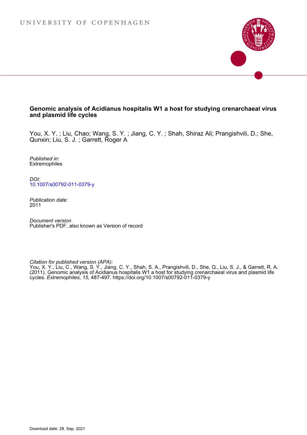 Genomic Analysis of Acidianus Hospitalis W1 a Host for Studying Crenarchaeal Virus and Plasmid Life Cycles