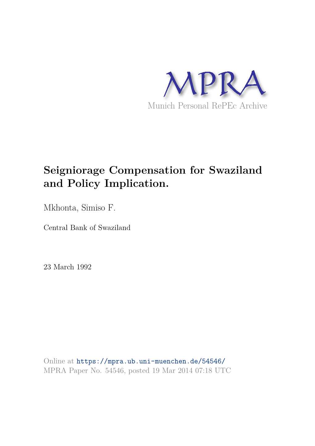 Seigniorage Compensation for Swaziland and Policy Implication