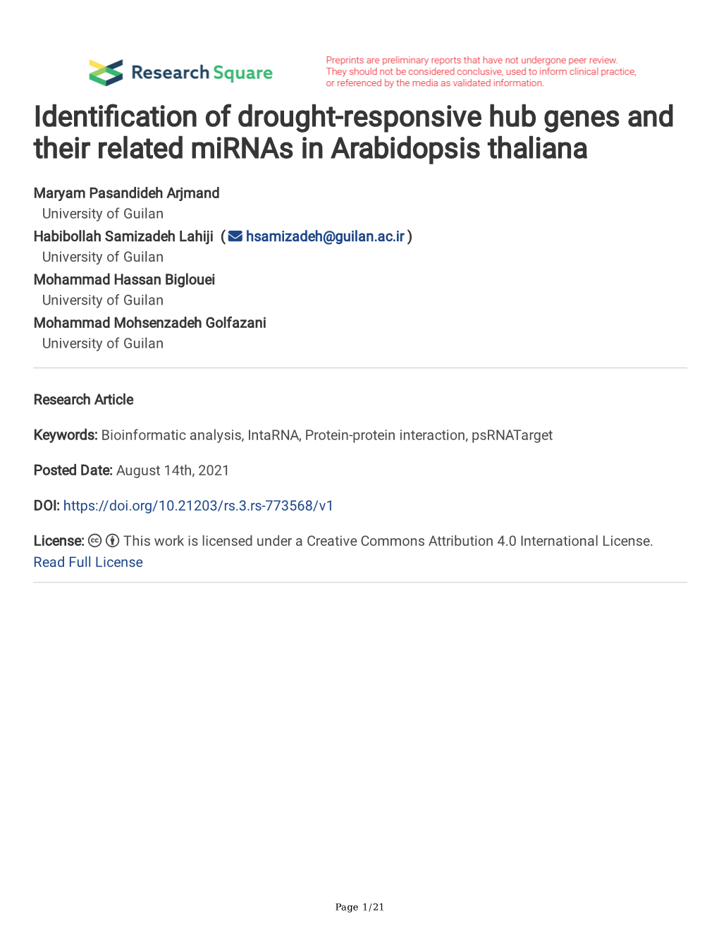 Identi Cation of Drought-Responsive Hub Genes and Their Related