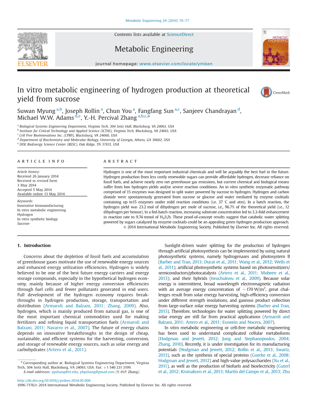 In Vitro Metabolic Engineering of Hydrogen Production at Theoretical Yield from Sucrose