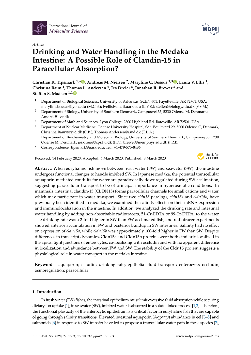 Drinking and Water Handling in the Medaka Intestine: a Possible Role of Claudin-15 in Paracellular Absorption?