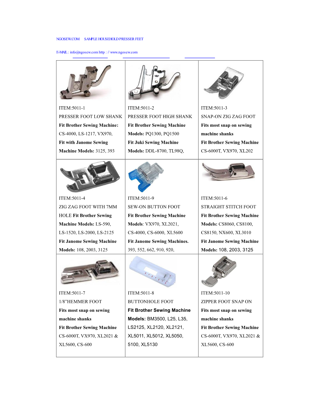 ITEM:5011-1 PRESSER FOOT LOW SHANK Fit Brother Sewing Machine