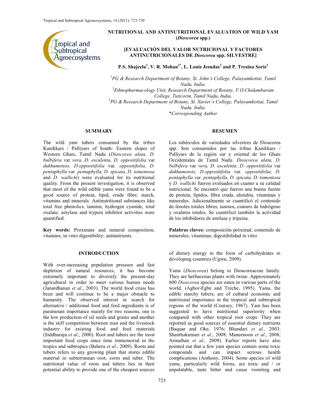 NUTRITIONAL and ANTINUTRITIONAL EVALUATION of WILD YAM (Dioscorea Spp.)