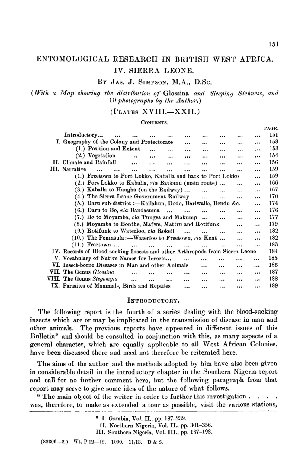 Entomological Research in British West Africa. Iv. Sierra Leone