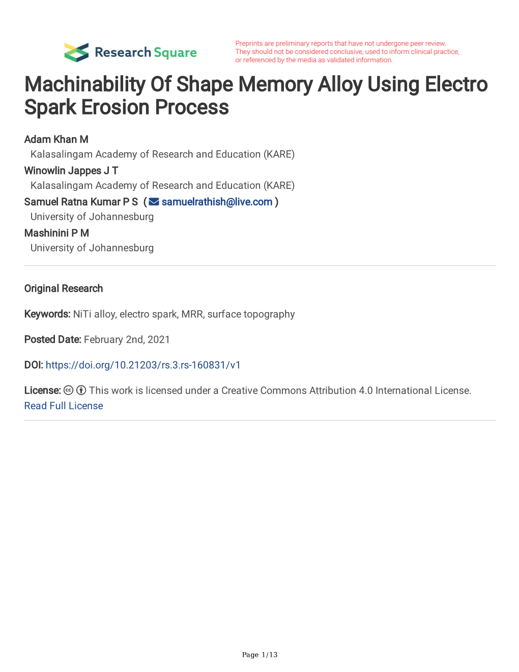 Machinability of Shape Memory Alloy Using Electro Spark Erosion Process