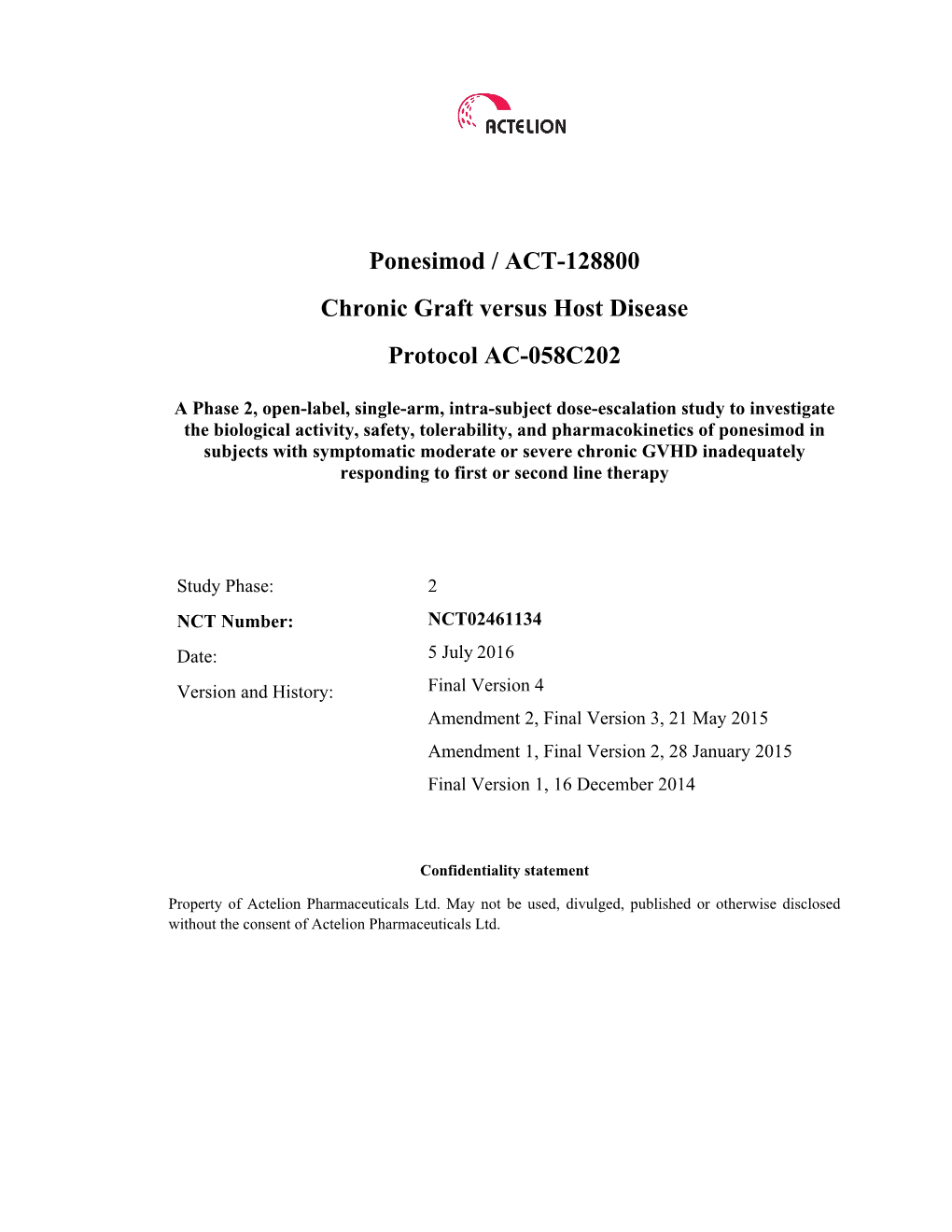 Ponesimod / ACT-128800 Chronic Graft Versus Host Disease Protocol AC-058C202