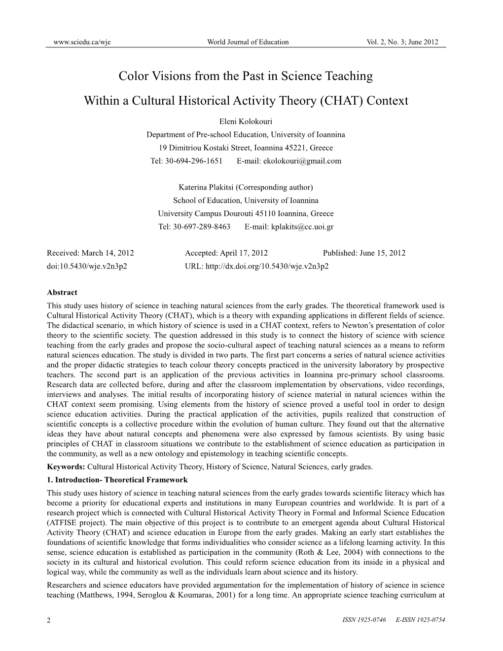 Color Visions from the Past in Science Teaching Within a Cultural Historical Activity Theory (CHAT) Context
