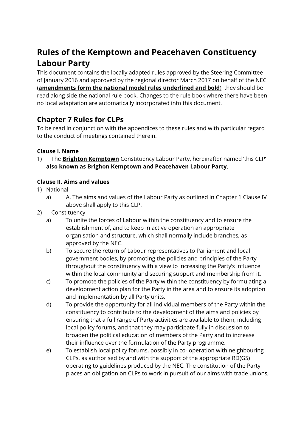 Rules of the Kemptown and Peacehaven Constituency Labour