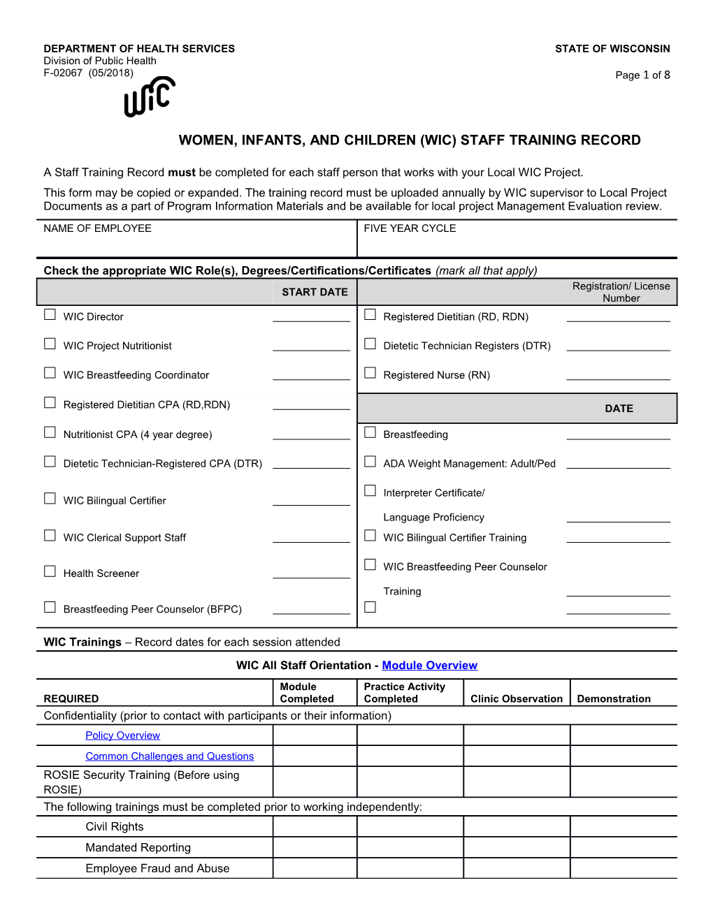 F-02067 WIC Staff Training Record Page 6 of 6