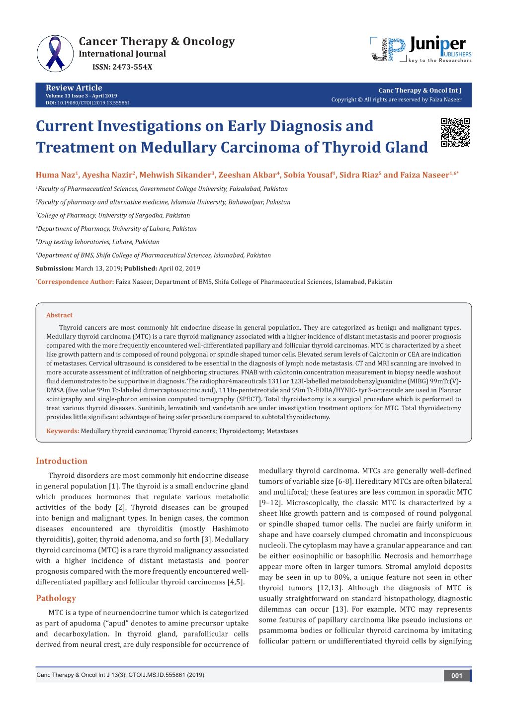 Current Investigations on Early Diagnosis and Treatment on Medullary Carcinoma of Thyroid Gland