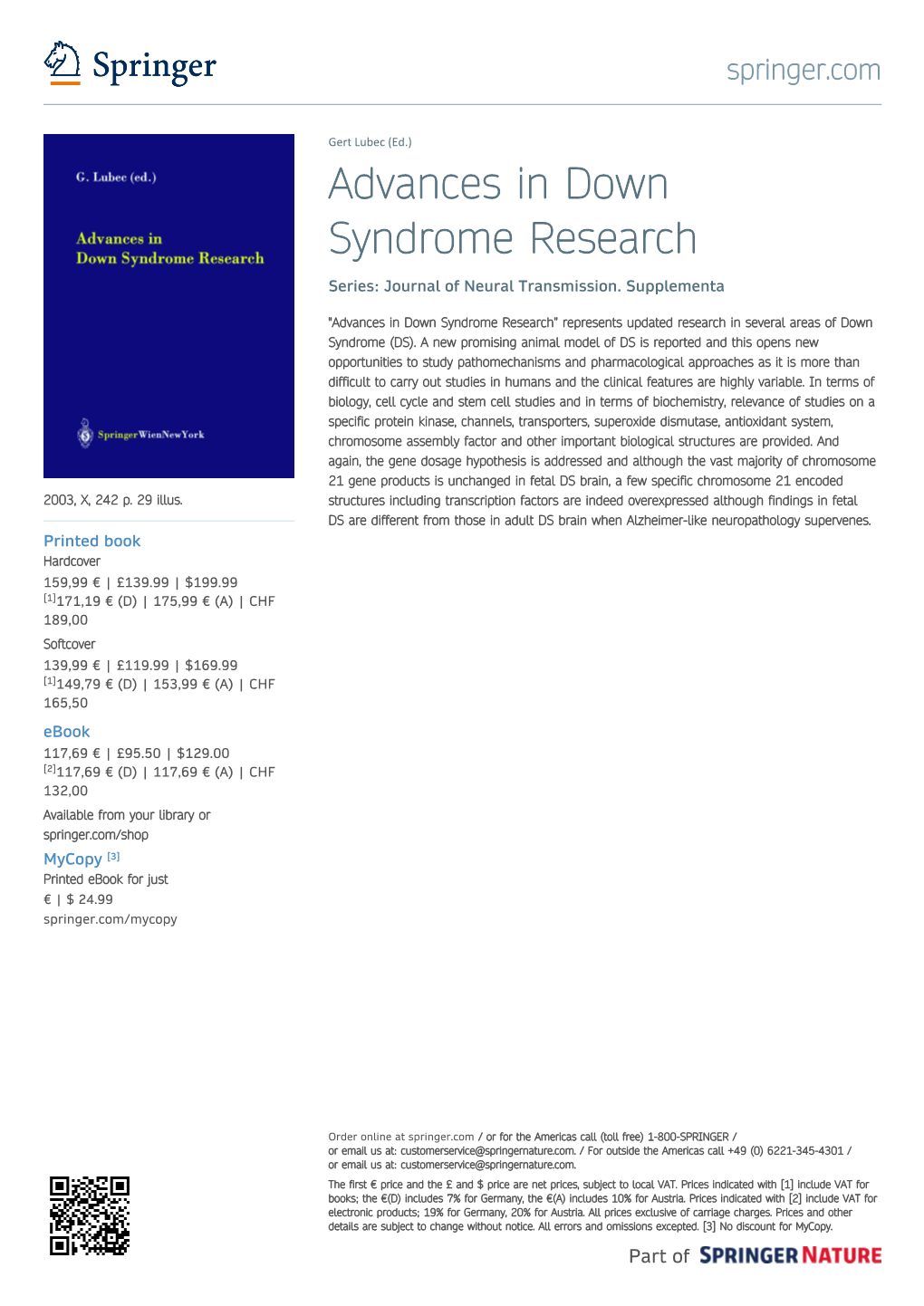 Advances in Down Syndrome Research Series: Journal of Neural Transmission