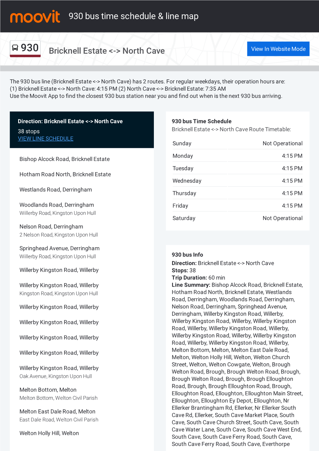 930 Bus Time Schedule & Line Route