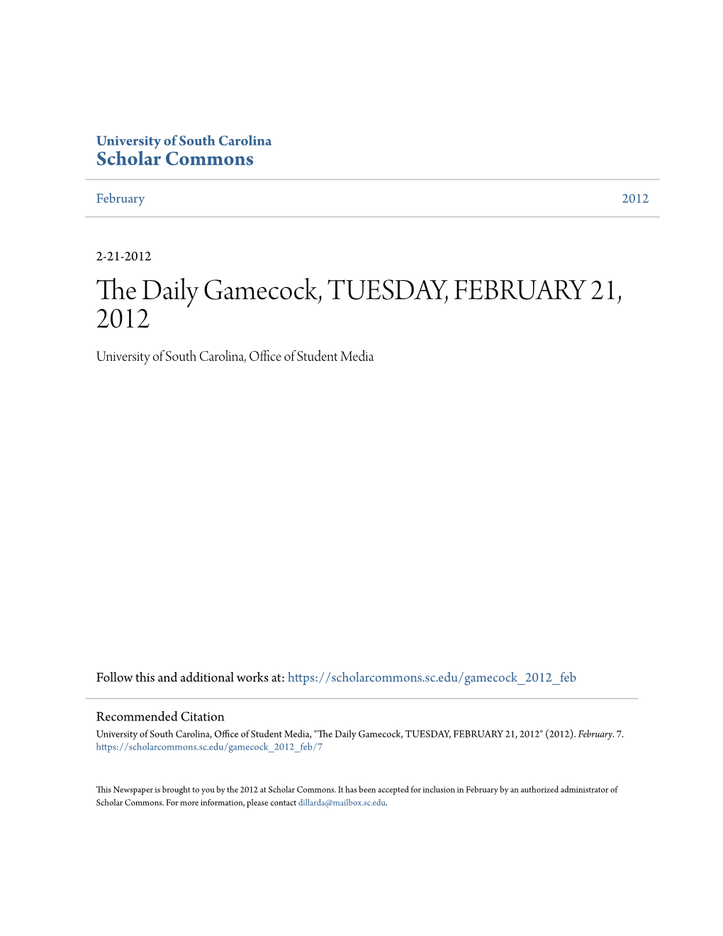 The Daily Gamecock, TUESDAY, FEBRUARY 21, 2012