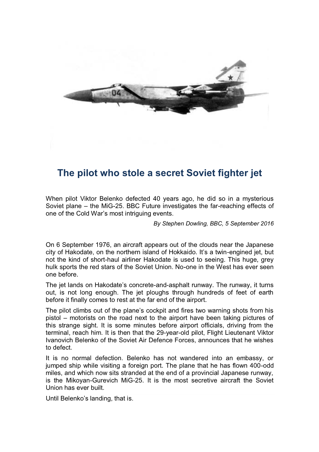 The Pilot Who Stole a Secret Soviet Fighter Jet