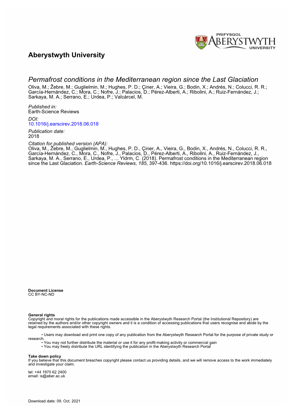 Aberystwyth University Permafrost Conditions in the Mediterranean Region Since the Last Glaciation