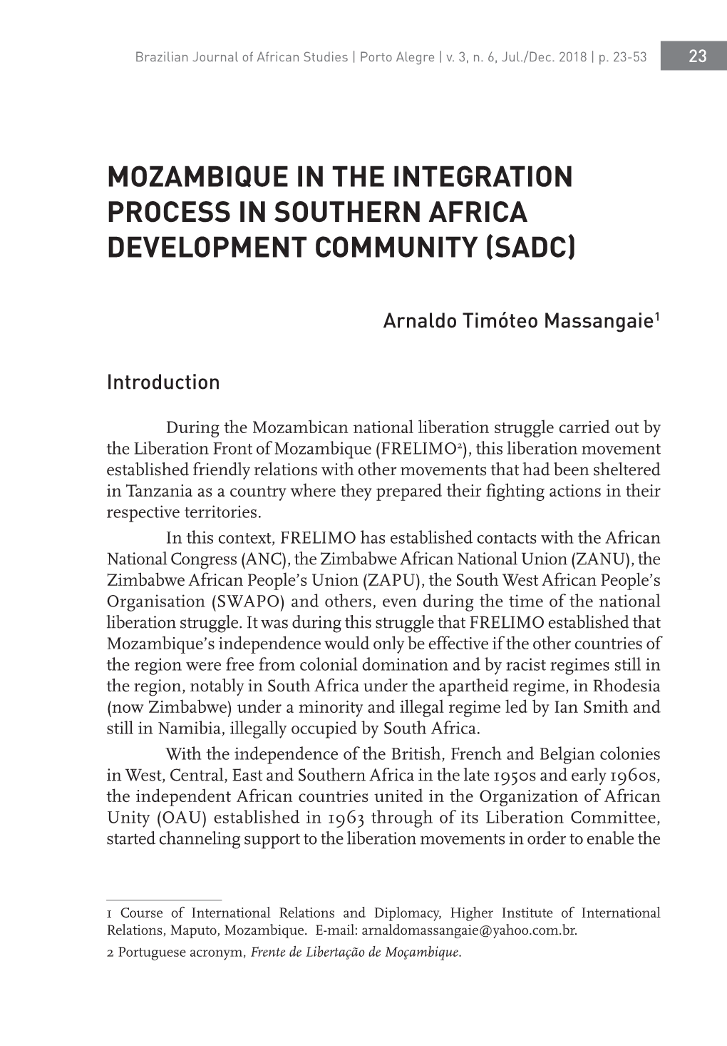 Mozambique in the Integration Process in Southern Africa Development Community (Sadc)