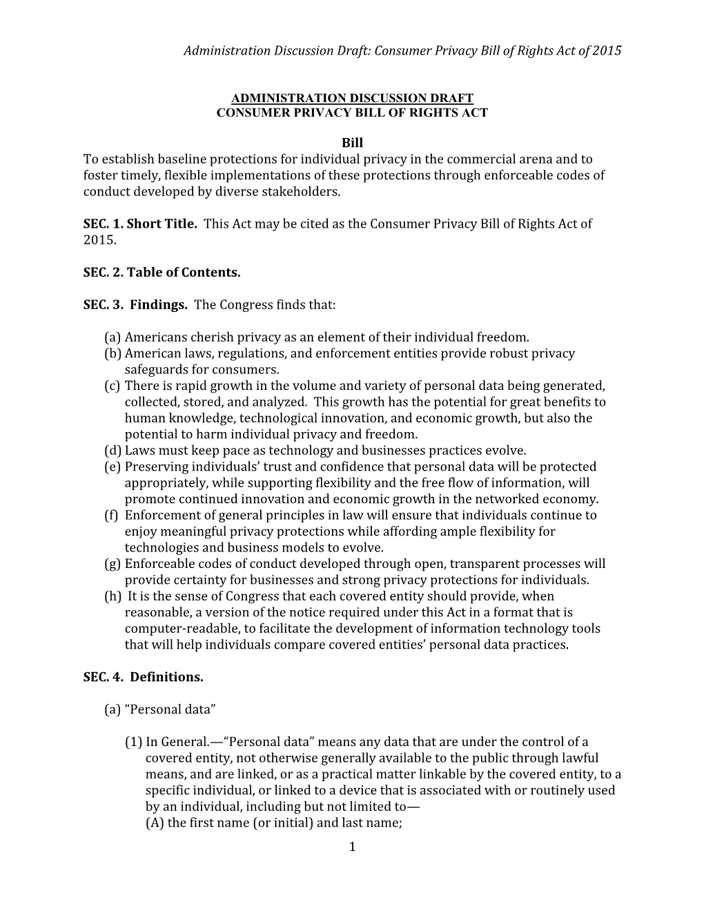 Administration Discussion Draft: Consumer Privacy Bill of Rights Act of 2015