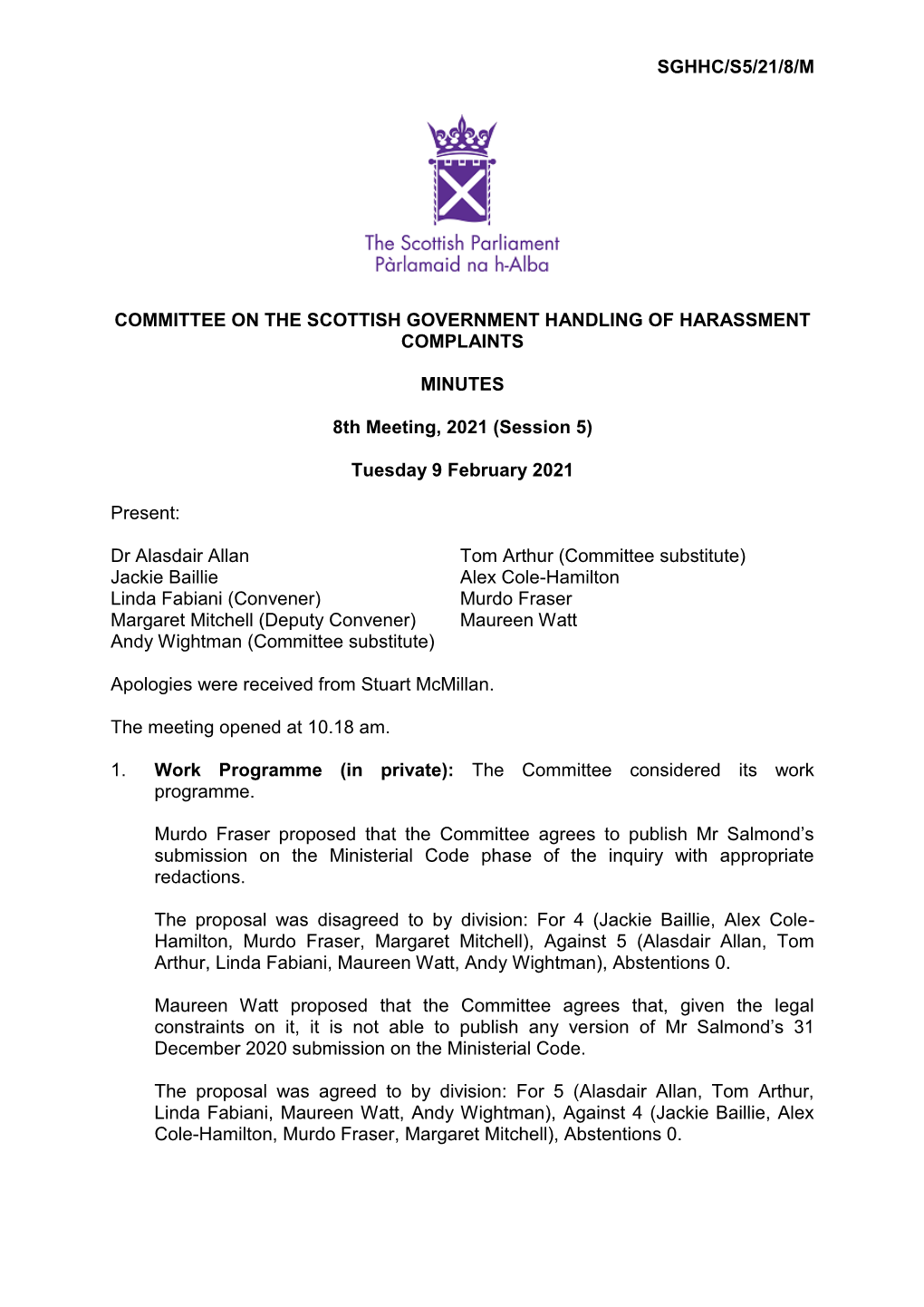SGHHC/S5/21/8/M COMMITTEE on the SCOTTISH GOVERNMENT HANDLING of HARASSMENT COMPLAINTS MINUTES 8Th Meeting, 2021 (Session 5)