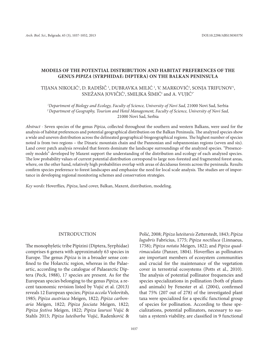 Models of the Potential Distribution and Habitat Preferences of the Genus Pipiza (Syrphidae: Diptera) on the Balkan Peninsula