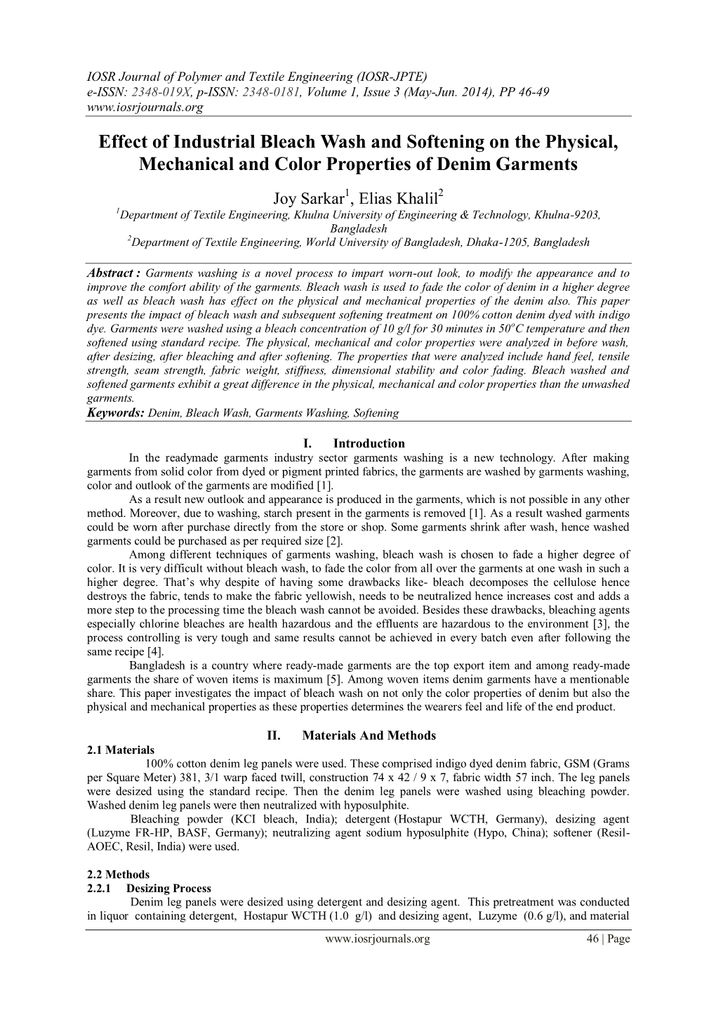 Effect of Industrial Bleach Wash and Softening on the Physical, Mechanical and Color Properties of Denim Garments