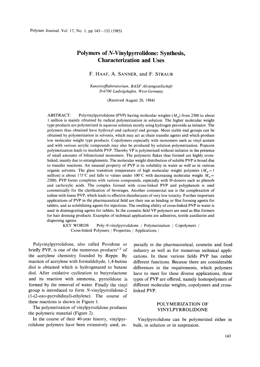 Polymers of N-Vinylpyrrolidone: Synthesis, Characterization and Uses