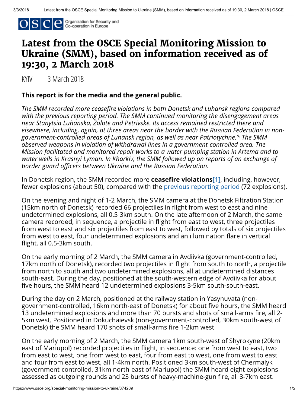 Latest from the OSCE Special Monitoring Mission to Ukraine (SMM), Based on Information Received As of 19:30, 2 March 2018 | OSCE