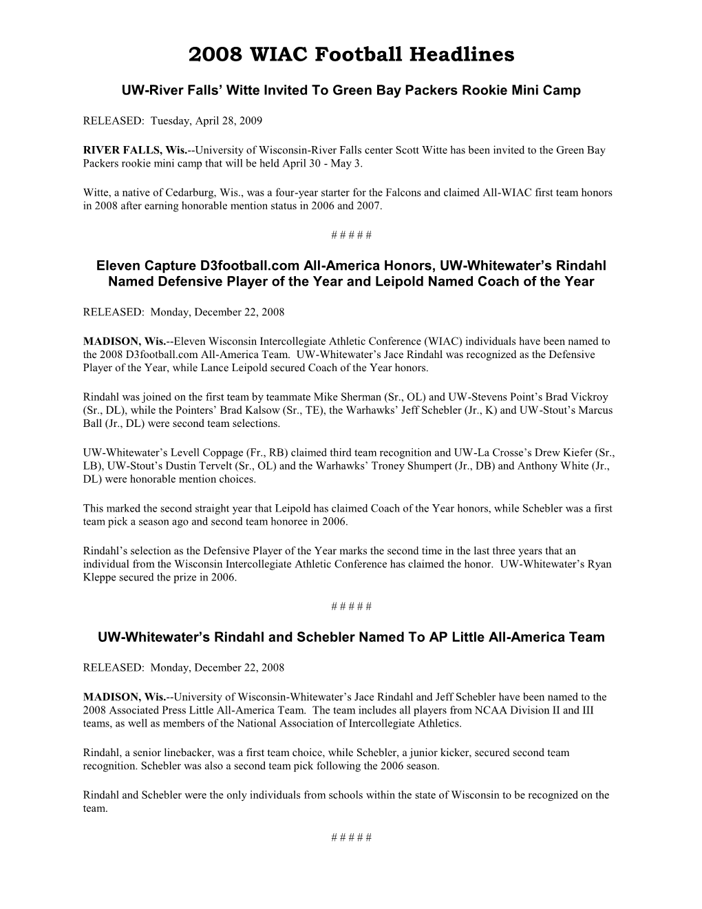 2008 WIAC Football Headlines