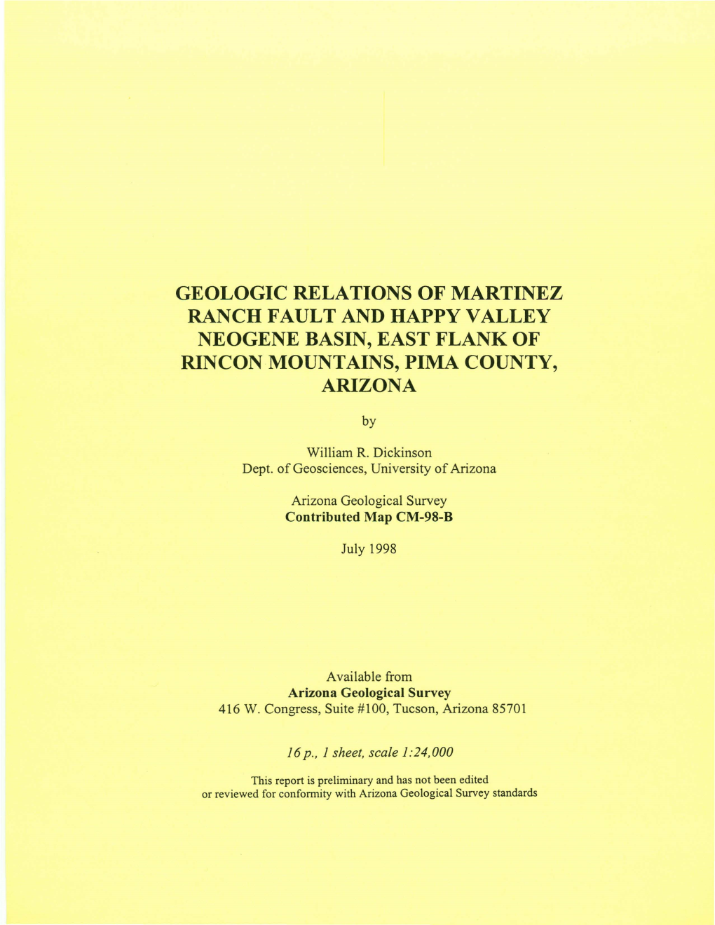 Geologic Relations of Martinez Ranch Fault and Happy Valley Neogene Basin, East Flank of Rincon Mountains, Pima County, Arizona