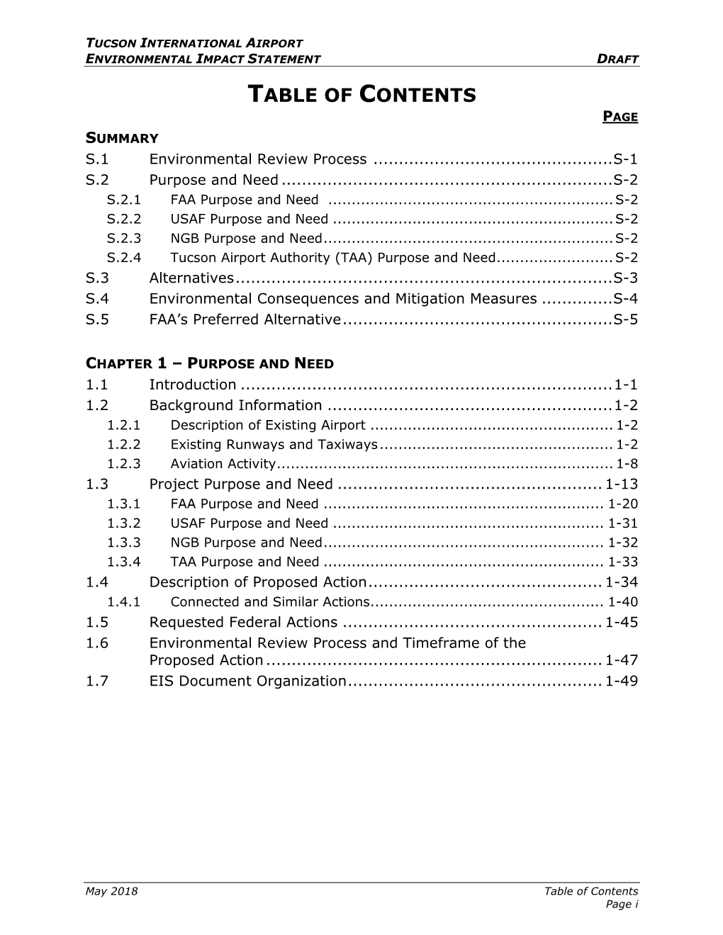 TABLE of CONTENTS PAGE SUMMARY S.1 Environmental Review Process