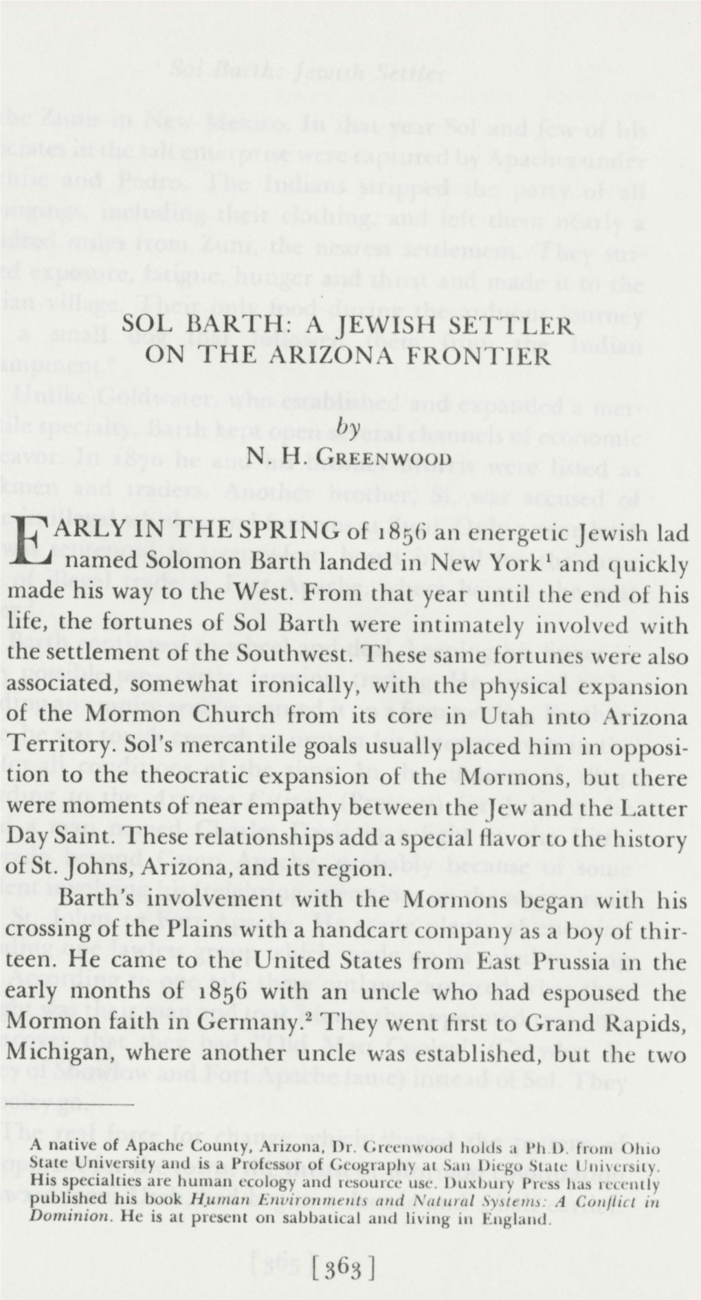 SOL BARTH: a JEWISH Setrfler on the ARIZONA FRONTIER By