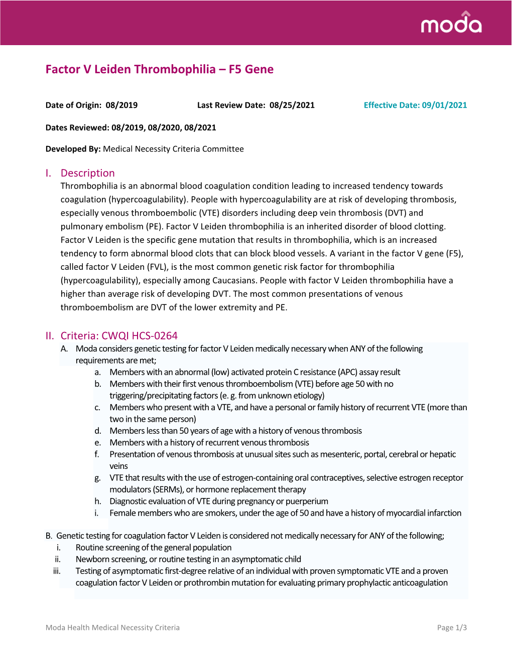 Factor V Leiden Thrombophilia – F5 Gene