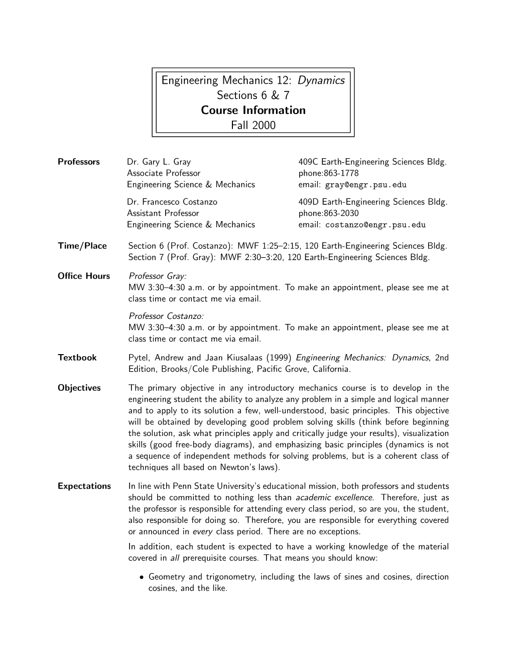 Engineering Mechanics 12: Dynamics Sections 6 & 7 Course Information