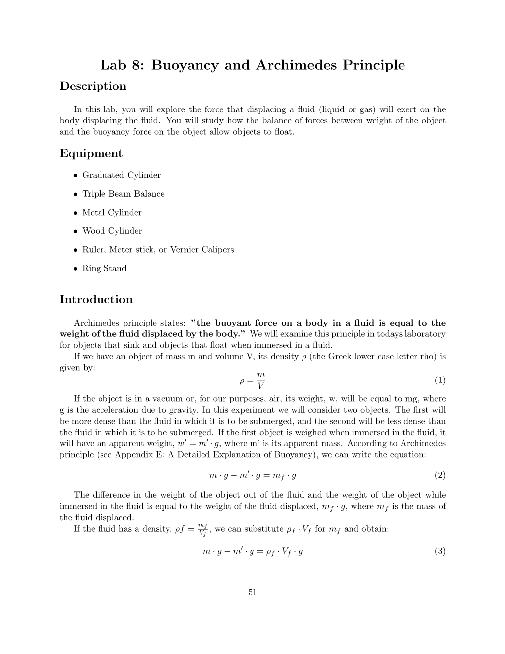 Lab 8: Buoyancy and Archimedes Principle Description