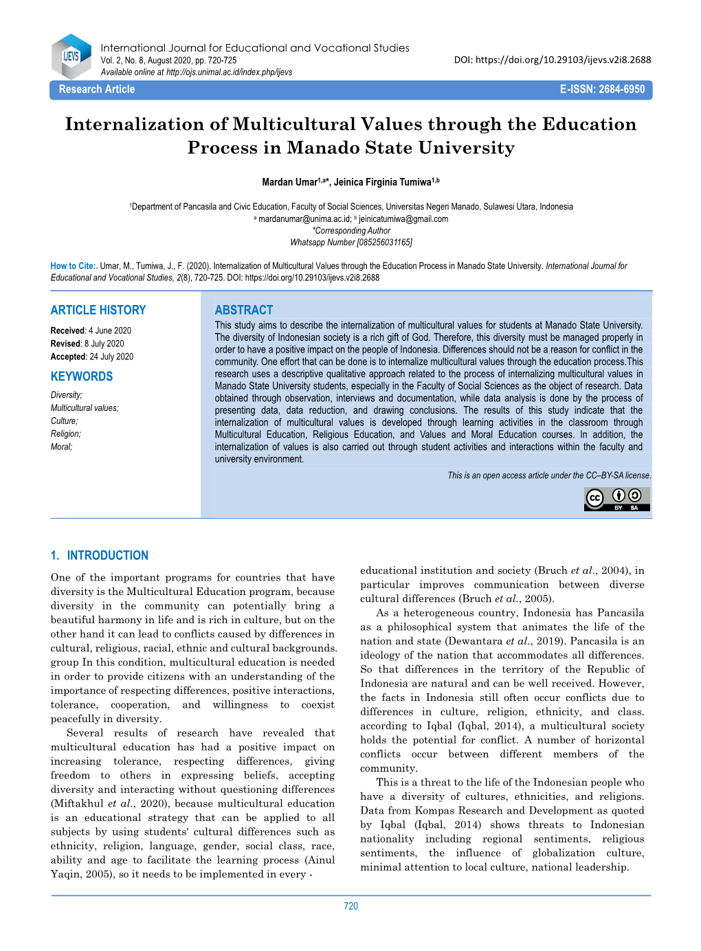 Internalization of Multicultural Values Through the Education Process in Manado State University