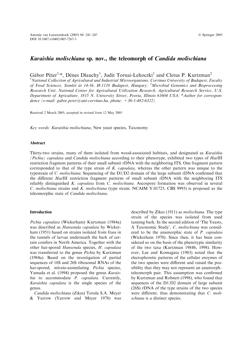 Kuraishia Molischiana Sp. Nov., the Teleomorph of Candida Molischiana