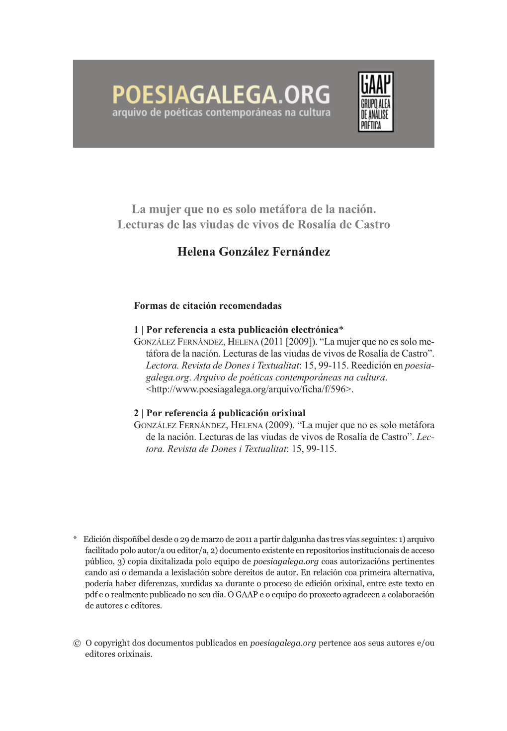 La Mujer Que No Es Solo Metáfora De La Nación. Lecturas De Las Viudas De Vivos De Rosalía De Castro Helena González Fernánd